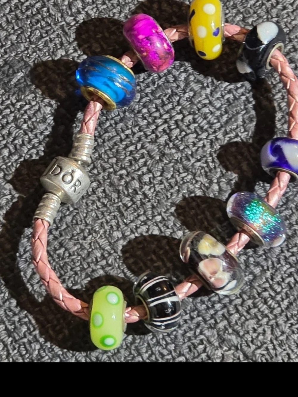 Pandora Pink Leather Charm Bracelet with Murano Glass Beads
